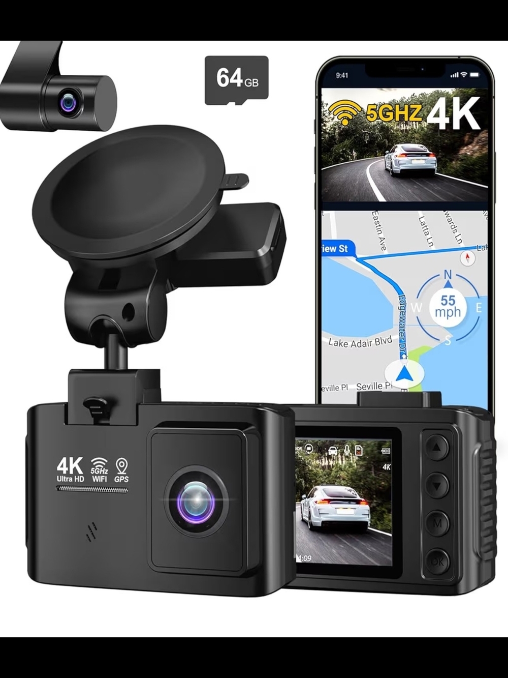 4K Wi‑Fi GPS Dash Camera with 64GB Support - Black